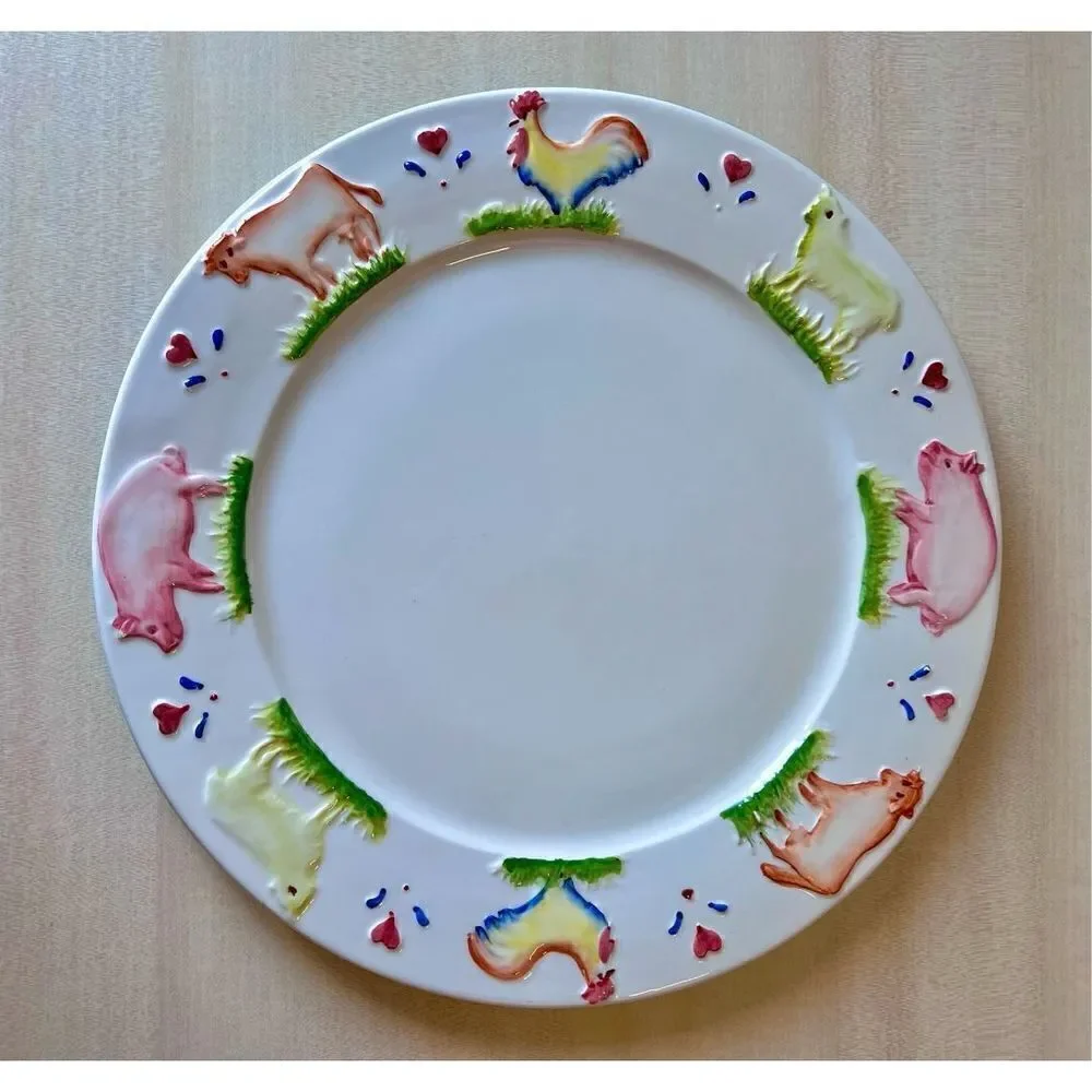 Stefani Italy Large Ceramic Plate Charger Farm Animals White Hand Painted Dish